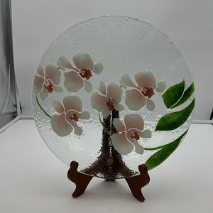 Fused Glass Scalloped Large Plate/Bowl Pink Pansies Green leaves